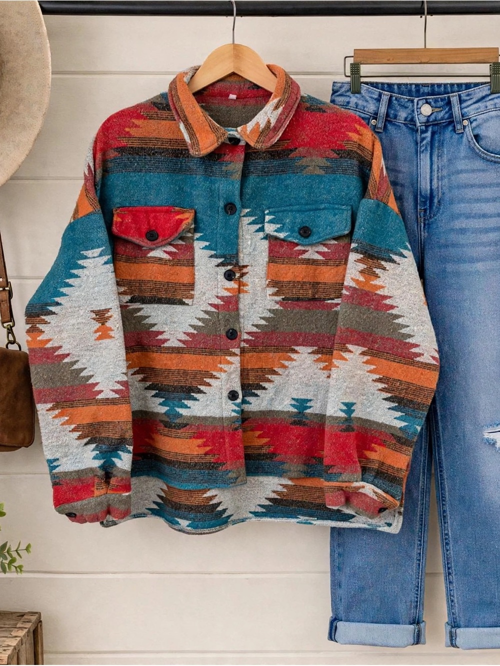 Boho Southwestern Aztec Jacket - Teal & Rust